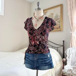 black floral fairy top  y2k poetry black floral tie top size large
